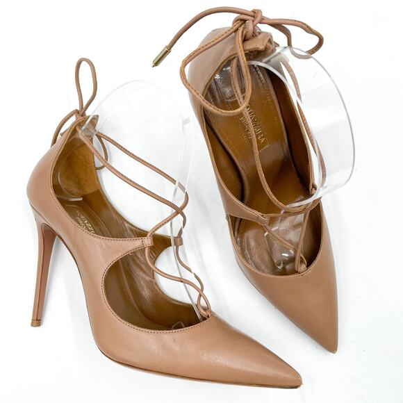 Aquazzura Christy Pumps Tan Leather Heels Curvy Lace Up Pointed Toe Sz 37 / 7 US - Picture 2 of 11